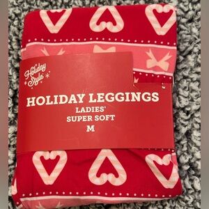 Medium Red and Pink Holiday Leggings with Candy Canes Candy Cane Hearts and Bows